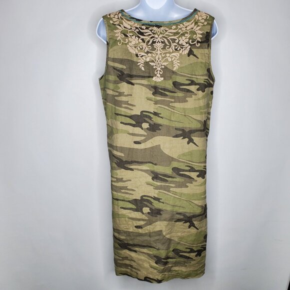 JOHNNY WAS Womens 100% Linen Adeline Dress Size S Side Button Camo Embroidered - Picture 3 of 9